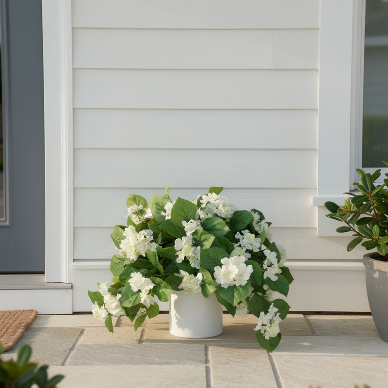 Outdoor UV Hydrangeas Arranged in Fiberstone Pot, White