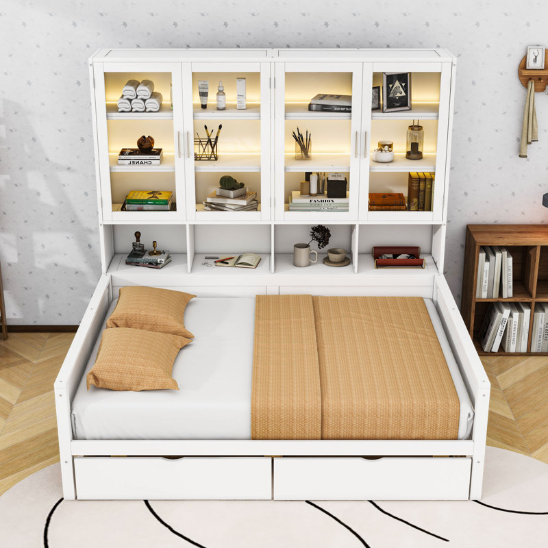Lit de jour 2 tiroirs en bois avec armoire vitrée et DEL, Lit double, Blanc
