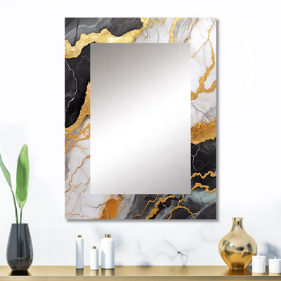 Or et gris abstrait marbre Mirage I - miroir décoratif en marbre, miroir mural doré, impression d'art en métal