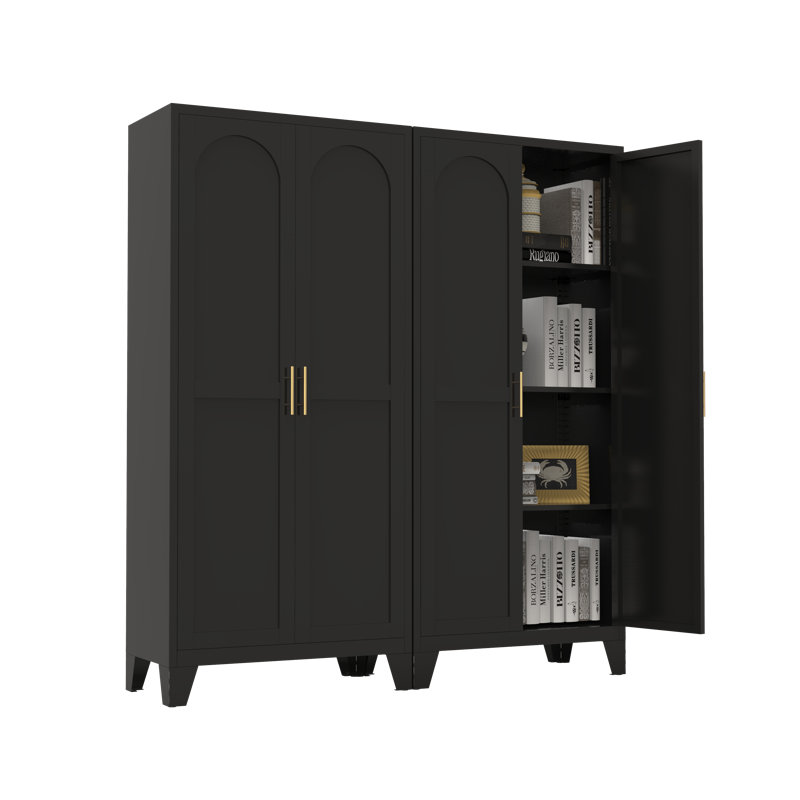 Set of 2 Steel Storage Cabinet with Adjustable Shelves, Slim 2-Door Organizer for Garage, Laundry, Bedroom, Black, Black