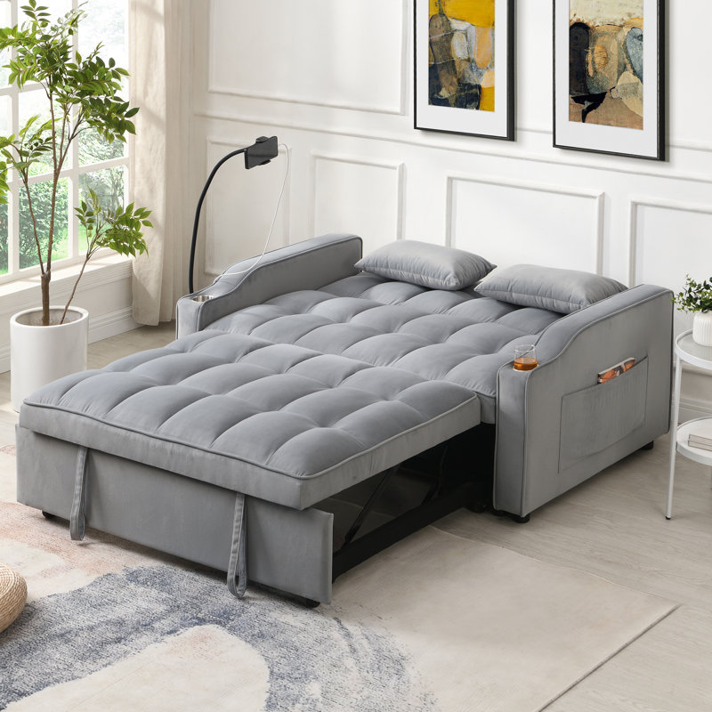 Canapé-lit futon moderne convertible en futon avec lit escamotable, dossier inclinable réglable, coussins décoratifs, poches, idéal pour les petits espaces