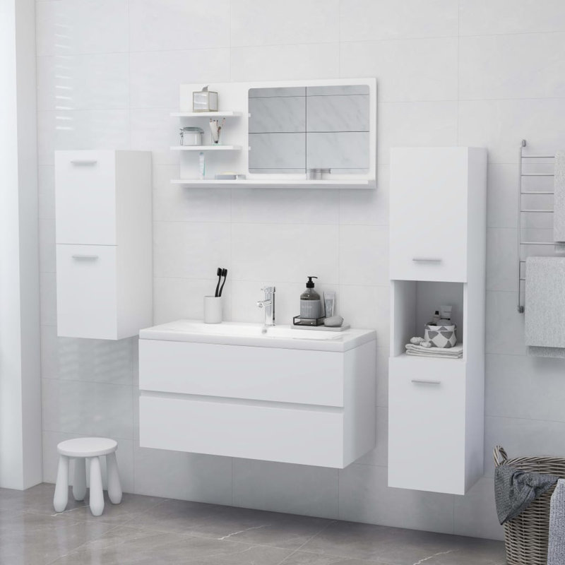 Bath Mirror with Shelves Powder Room Mirror Bath Mirror Engineered Wood, White, 17.7" H x 35.4" W x 4.1" D