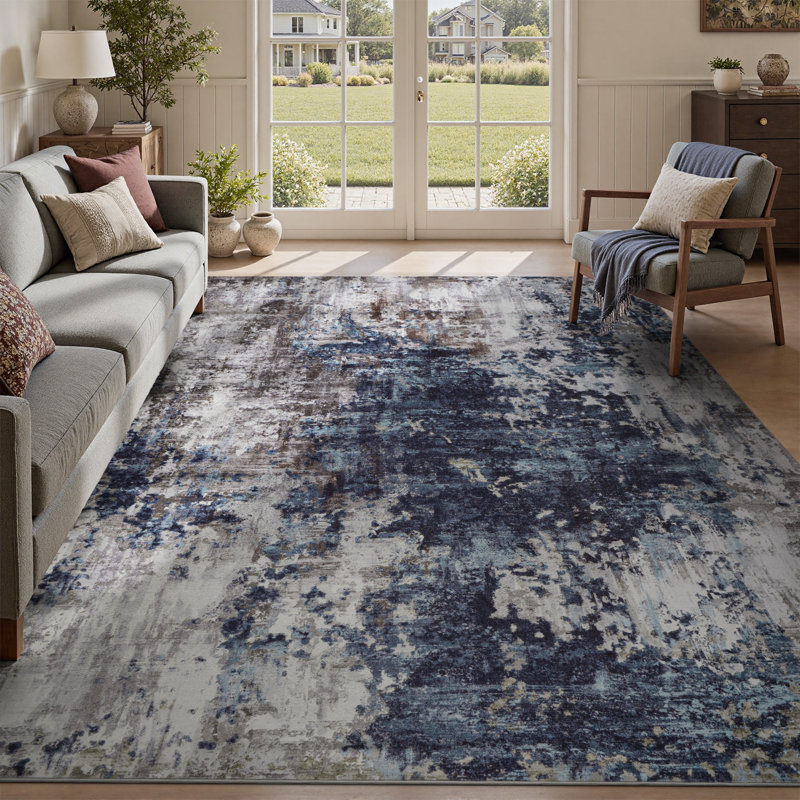 Tapis d'intérieur bleu marine / gris antidérapant antidérapant lavable à la machine, Marine, Rectangle 9 pi x 12 pi
