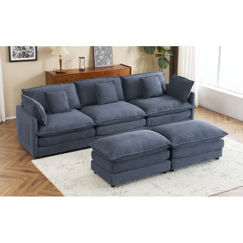 Canapé modulaire en L en velours côtelé de 112,6 po avec poches de rangement latérales pour salon, Bleu