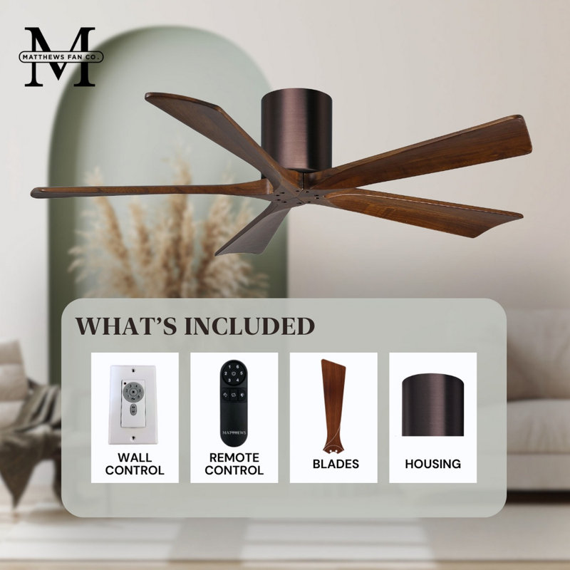 60" Irene 5-Blade Hugger Ceiling Fan with Wall Remote, Brushed Bronze, 42", Walnut Tone