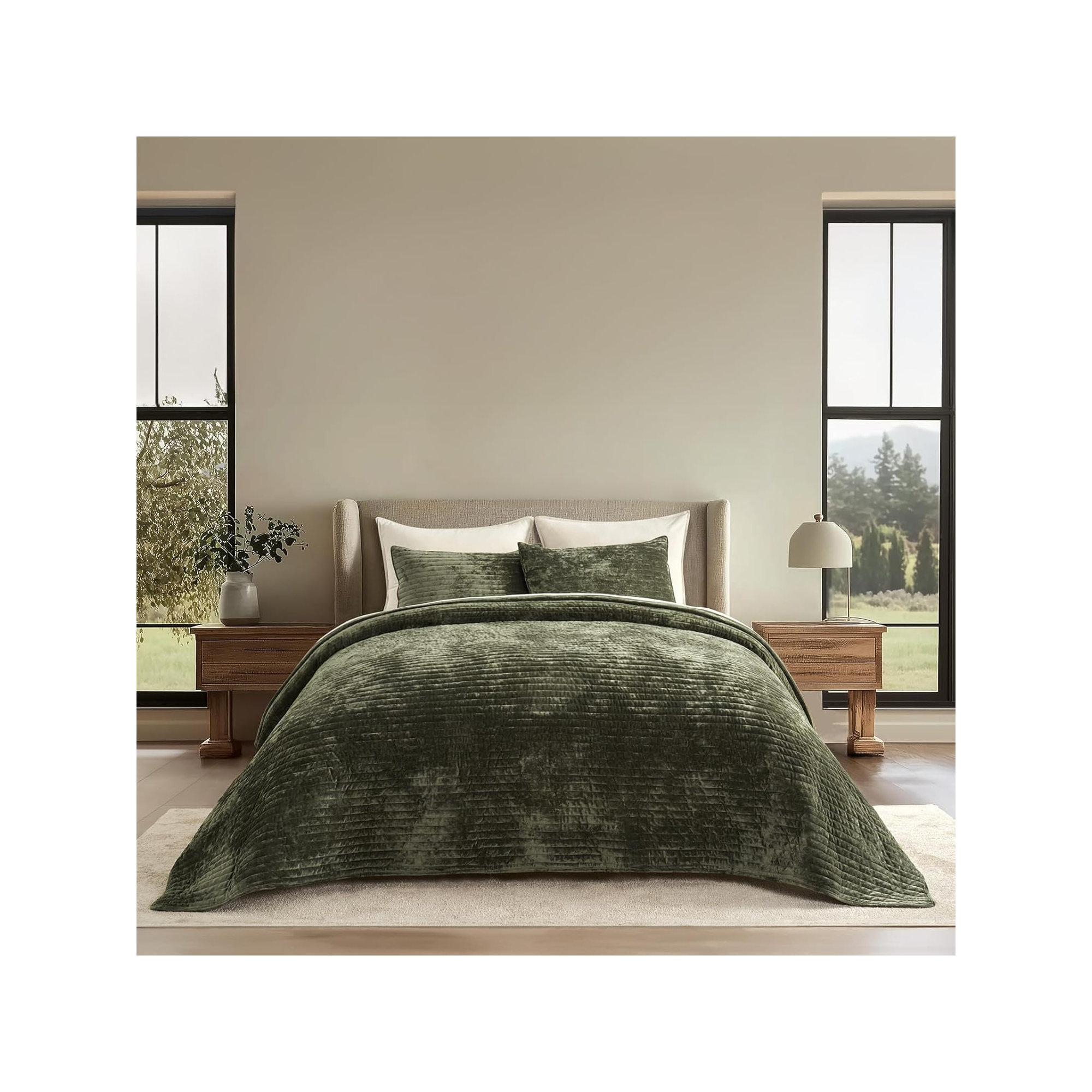 Luxe Velvet Channel Quilt Set, Olive Green, King