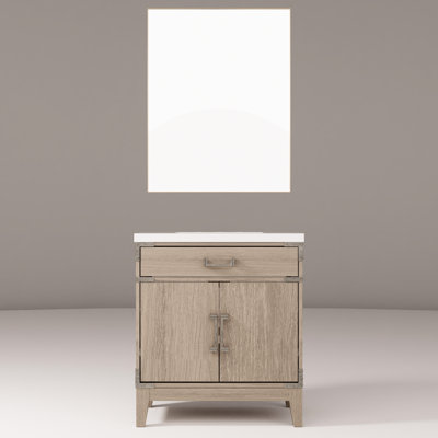 Meuble-lavabo simple en chêne gris 30 po x 22 po, comptoir en quartz blanc et miroir de 28 po - Compartiments de rangement à fermeture en douceur pour salle de bain P 22 po avec plateau scellé et accessoires abondants pour une utilisation quotidienne