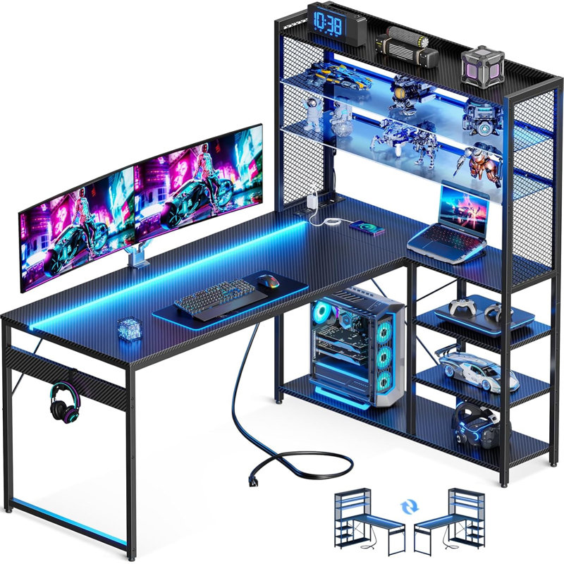 Reversble L-shaped Desk With Large Glass Display Storage Shelves, Computer Desk With Power Outlet, Gaming Table With Led Lights And Versatile Hook