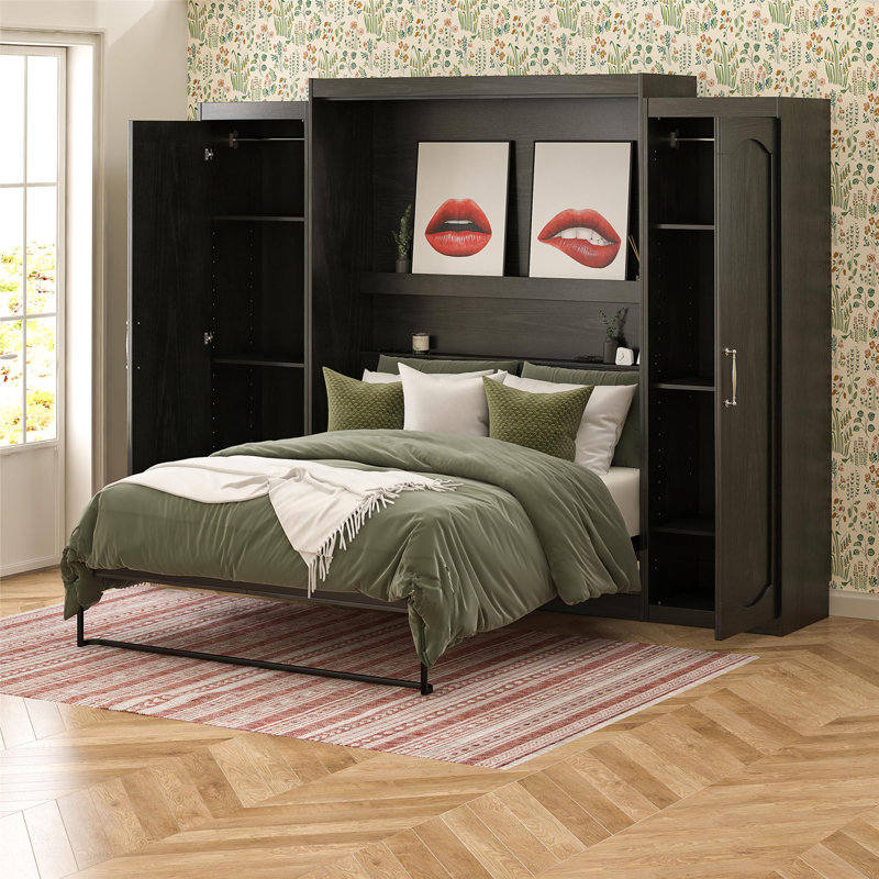 Her Majesty Murphy Bed with Storage Cabinets, Black, Queen