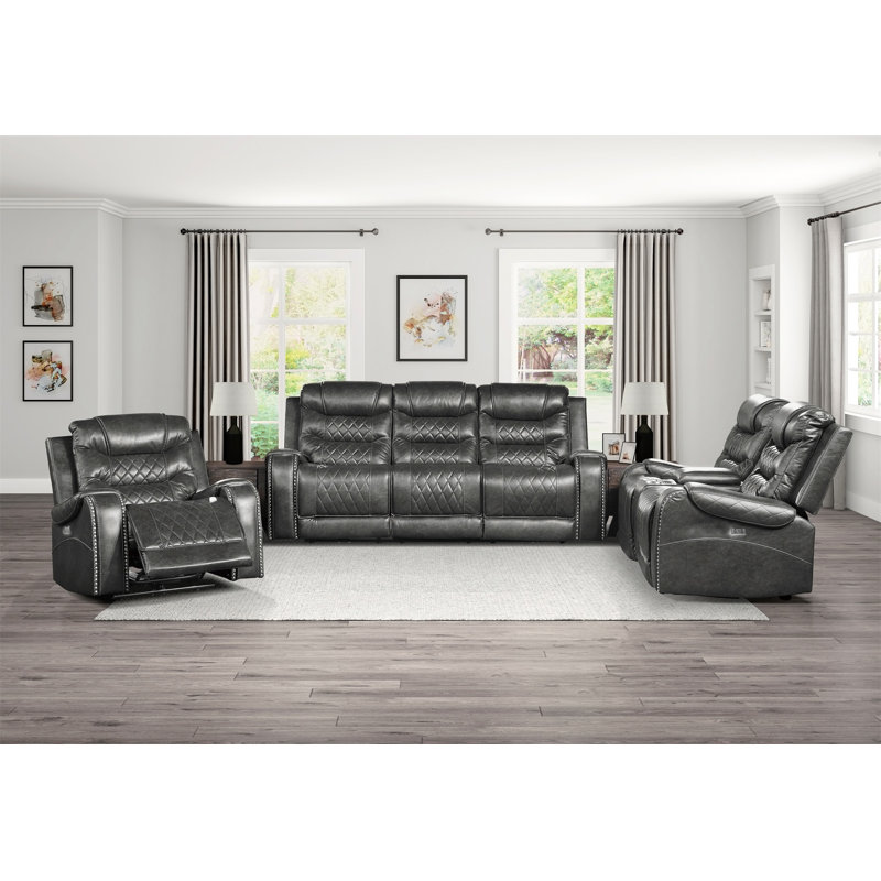Denby 77.5" Traditional Faux Leather Power Double Reclining Loveseat with Power Reclining Motion, Integrated Console with USB & Outlets