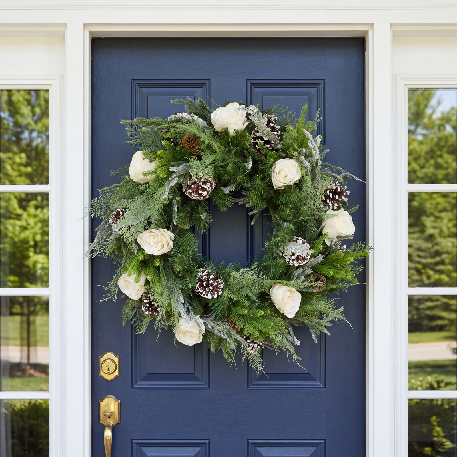 27'' Evergreen Wreath Arranged with Rose, Fern and Pinecone