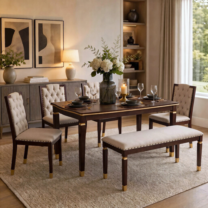 Kitchen Dining Table Set, " Rectangular Table And  High-Back Tufted Chairs &  Bench, Espresso