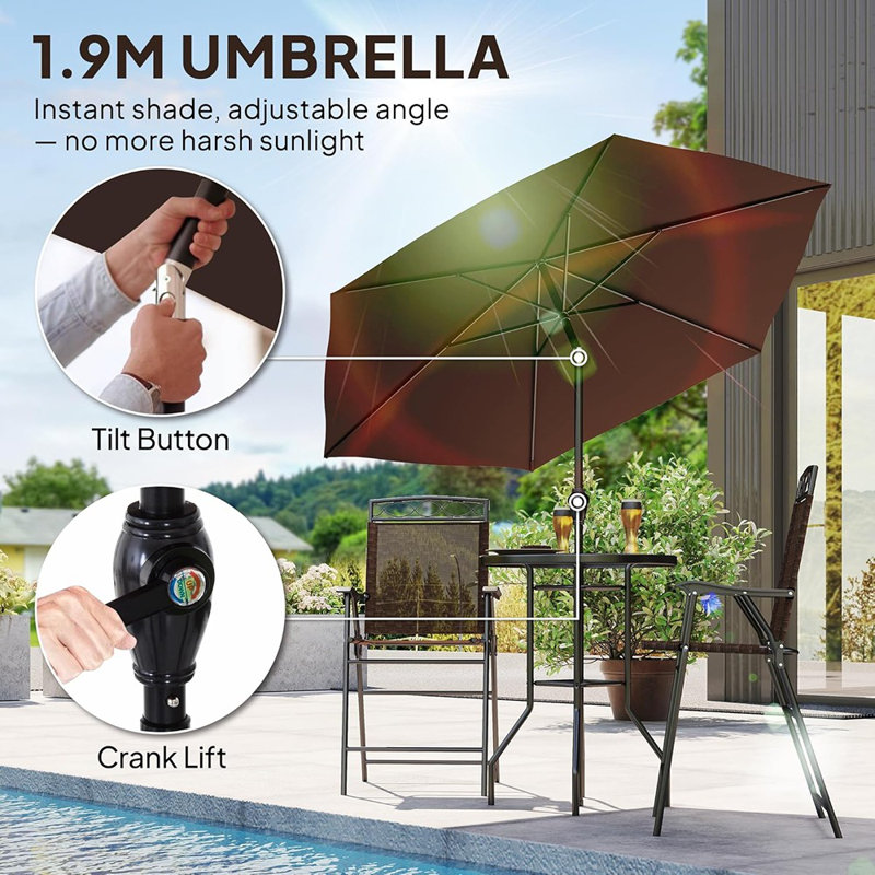 Ensemble de mobilier de patio 4 pièces, 2 chaises pliantes, parasol à angle réglable, verre trempé texturé Wave
