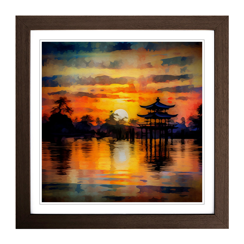 Japanese Sunset Impressionism No.5 - Single Picture Frame Print on Wood, Walnut