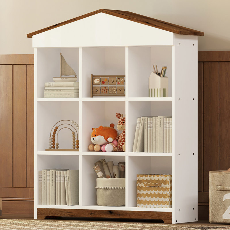 House-Shaped Storage Rack With Nine Storage Compartments, Three-Layer Bookshelf  With Colorblock Design (Bookshelf)