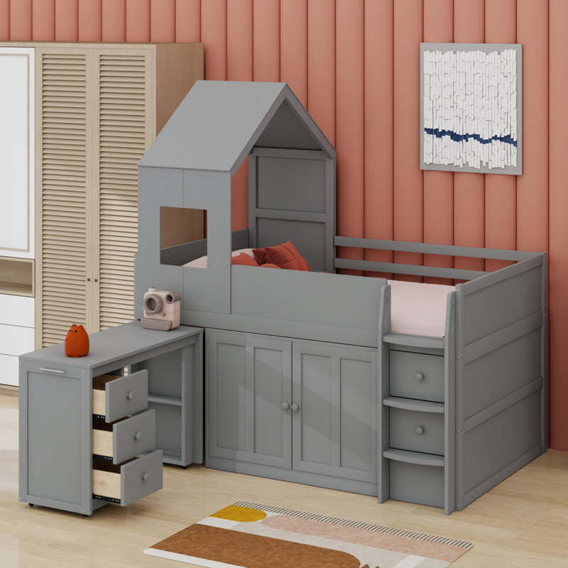 Structure de lit mezzanine moderne avec bureau, tiroir et armoires de rangement, Gris