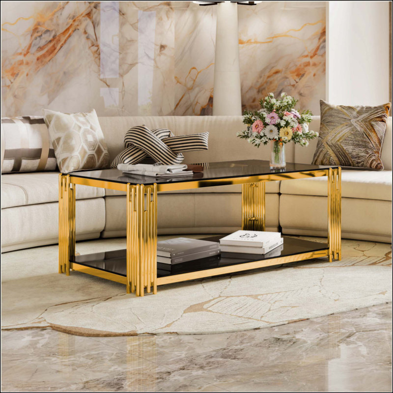 Table basse Modern Mirror, rectangulaire, métal asymétrique, finition dorée et tablette inférieure, Noir