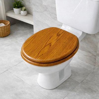 Toilet Seat Brown With A Wood-grain Finish.