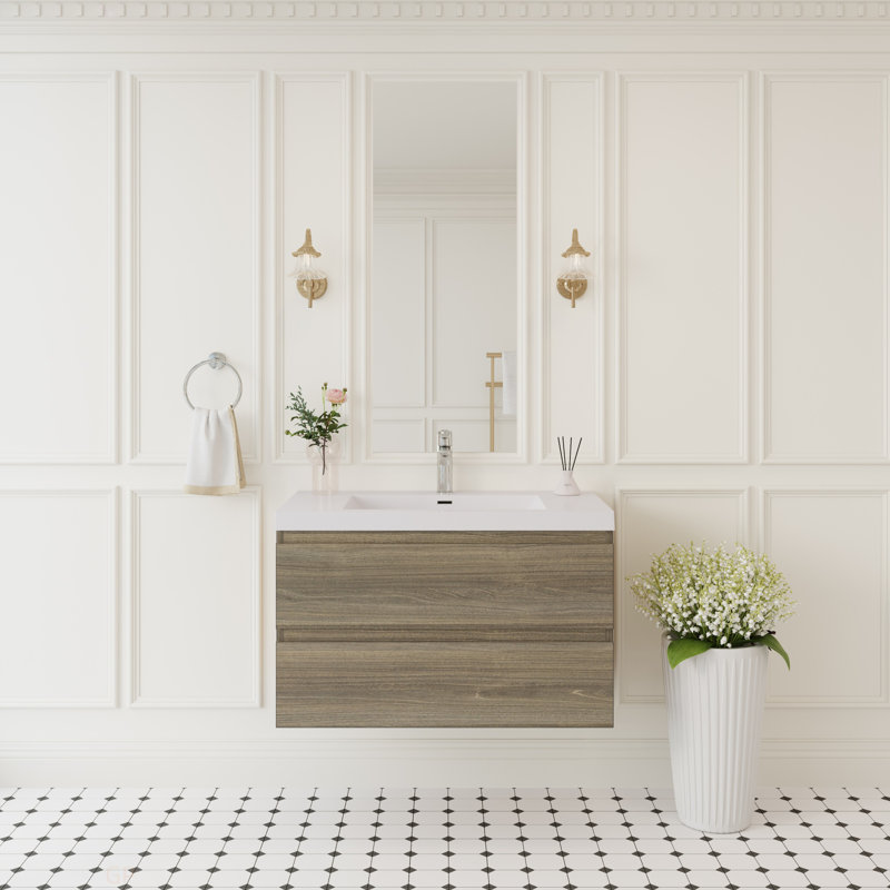 Meuble-lavabo flottant de 36 po avec lavabo, meuble-lavabo mural moderne avec lavabo à surface solide et tiroirs à fermeture en douceur