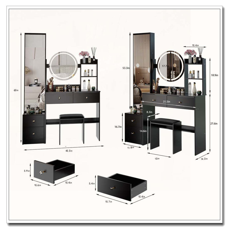Bureau de maquillage avec miroir et lumières DEL, tabouret confortable, parfait pour les petits espaces et les maisons modernes