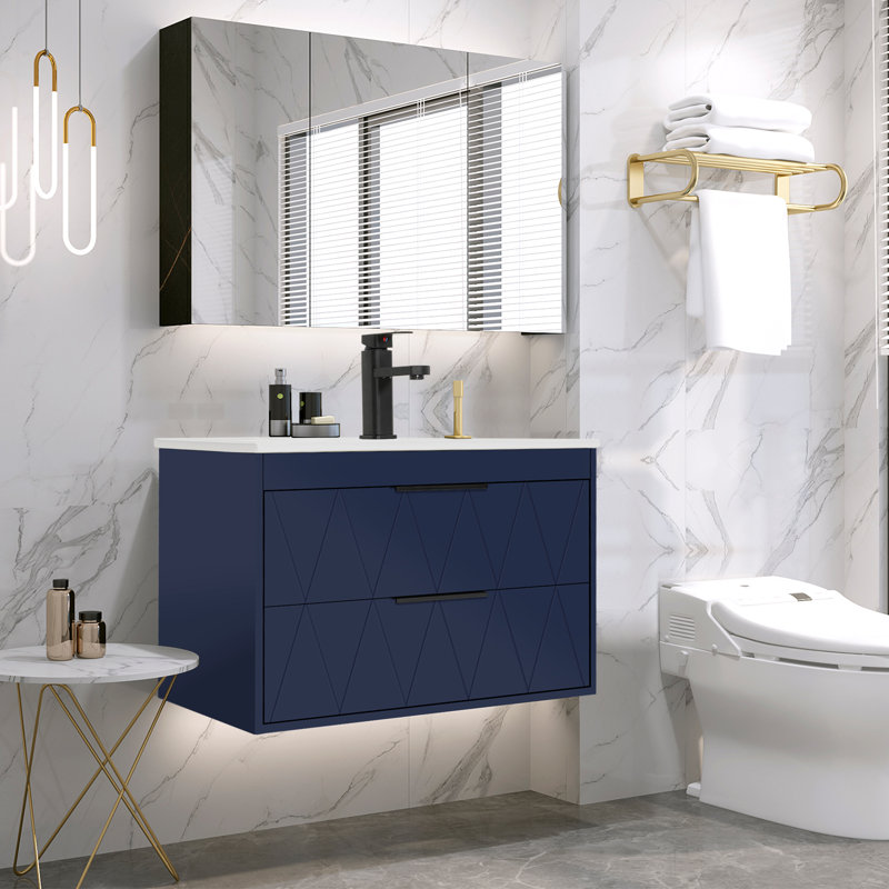 Ciarra Sharee 30" Wall Mount Single Bathroom Vanity Set with Sink Top, Zinc Alloy Faucet, Soft-Close Drawers, Blue