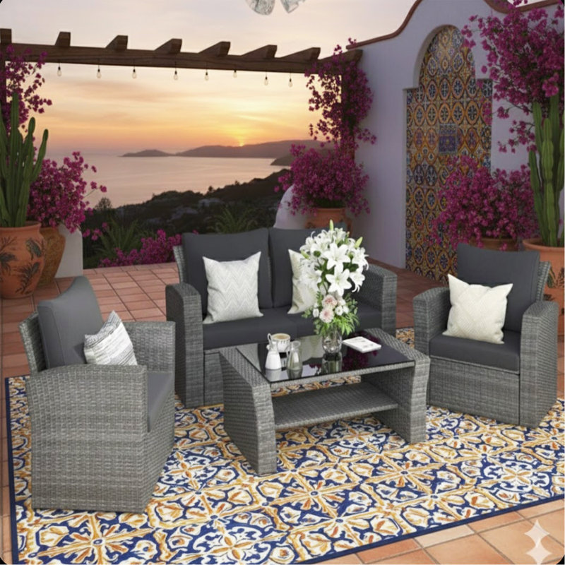4-Piece Wicker Patio Conversation Set With Glass Table And Black Cushions, Gray, Black
