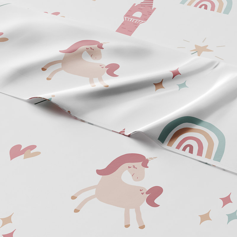 White Unicorn Print Twin Microfiber Kids Sheet Set