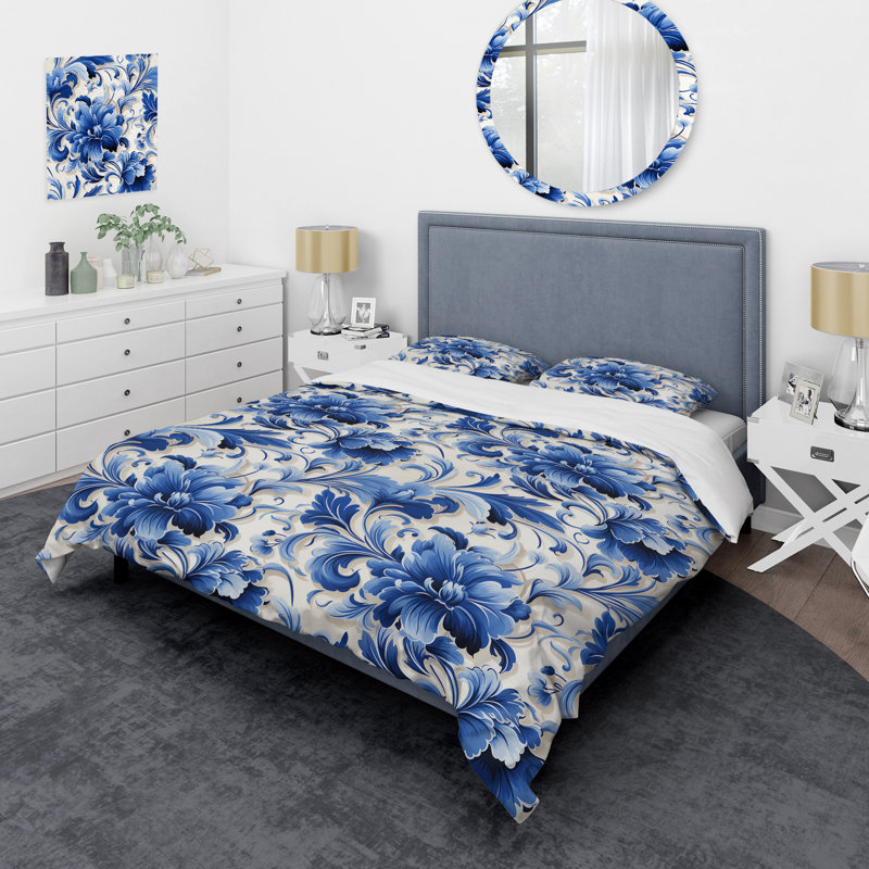 Majestic Cobalt Scrolls Victorian Pattern III - Ensemble de housse de couette à motif floral