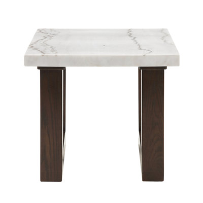 Square End Table With Marble Top In White And Brown