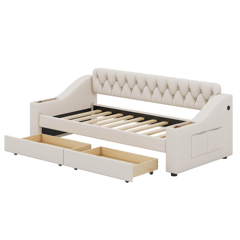 Twin Size Upholstered Daybed with Storage Armrests and USB Port, Beige