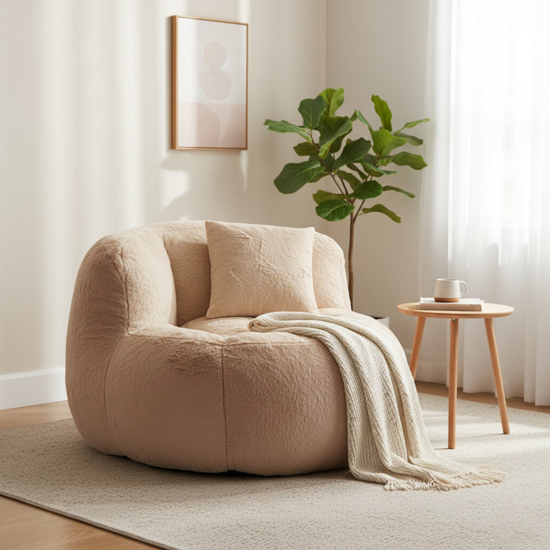 Fauteuil à billes avec coussin en peluche écologique pour le salon / salle de jeux, Fausse fourrure beige