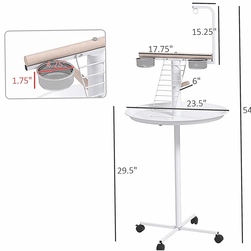 Support de jeu Parrot, blanc - avec roulettes pour un mouvement fluide, perchoirs, plats en acier inoxydable et support à plateau rond avec perchoirs, bols, intérieur et extérieur