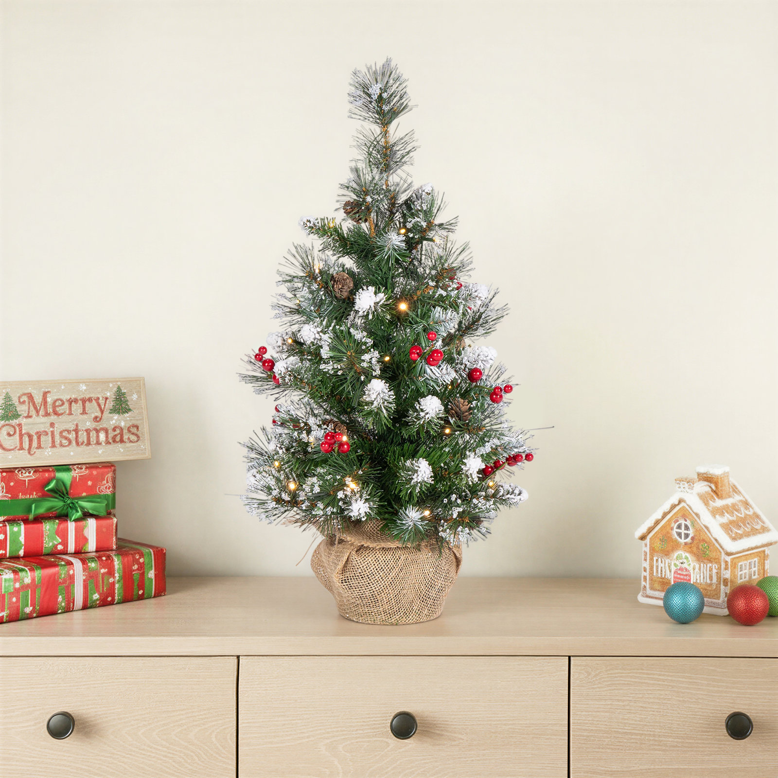 Charming Prelit Hard Mixed Burlap Tree With Decorative Accents