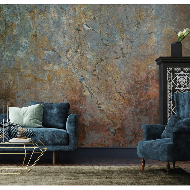 Rust Blue Weathered Plaster Texture Wallpaper, 75" L x 112" W