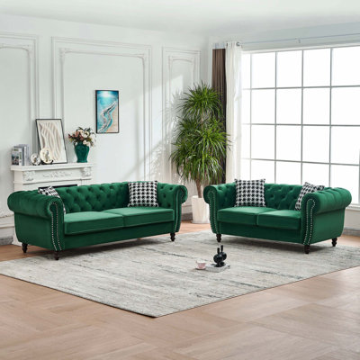 Ensemble de canapé Chesterfield en velours vert 3 + 2 places, accoudoirs roulés et têtes de clou, canapé rembourré de style Mid-Century moderne pour le salon, le bureau et un appartement