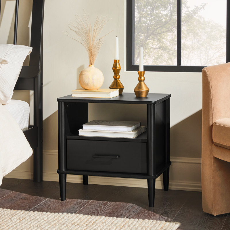 Boshell 1-Drawer Solid Wood Nightstand, Black