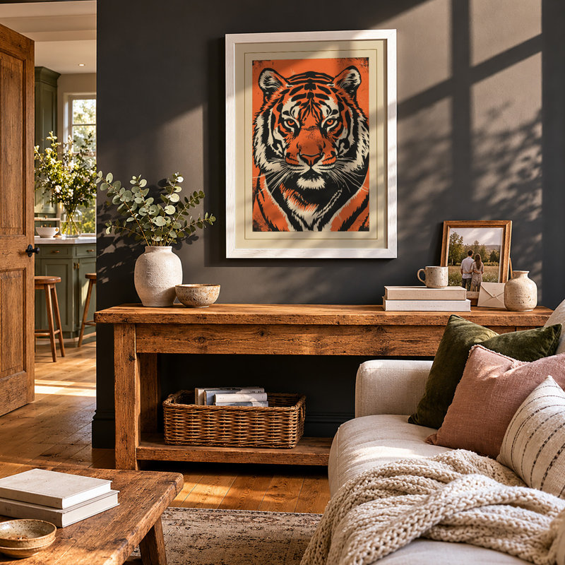 Tiger Face Direct Geometric - Framed Print, A3 - 42.0 x 29.7 cm, White