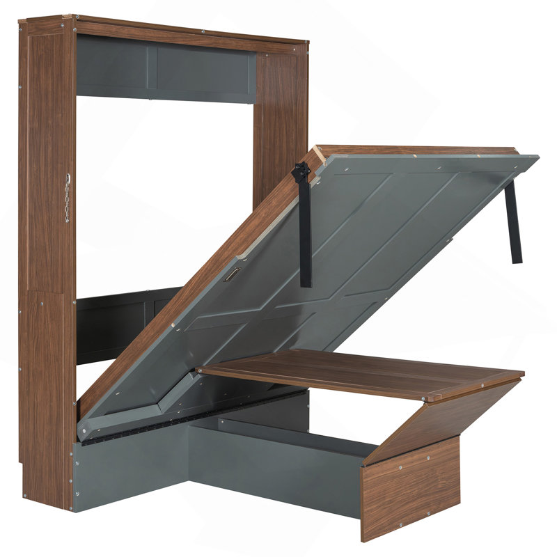 Lit escamotable double avec bureau pliable - Lit escamotable mural - Noyer et gris, Gris