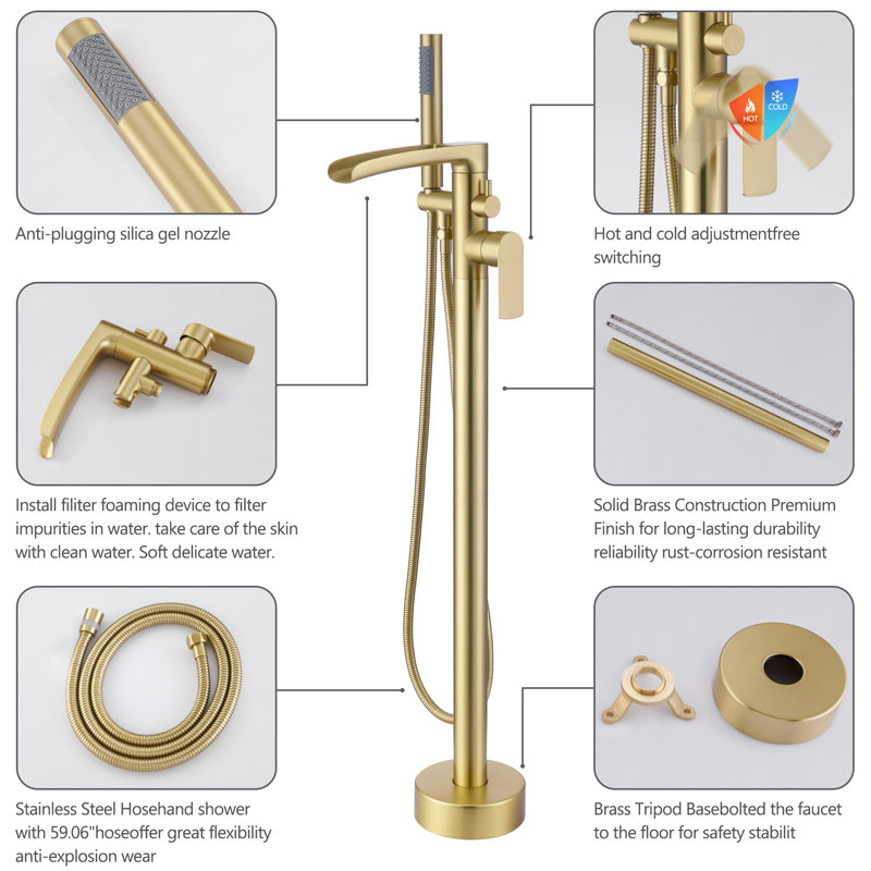 Floor Waterfall Faucet with Diverter, Brushed Gold