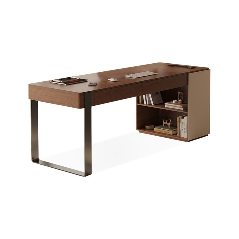 Bureau rectangulaire à 2 tiroirs brun noyer + kaki + argent manufacturé + acier inoxydable, 29.53" H x 70.87" W x 27.56" D