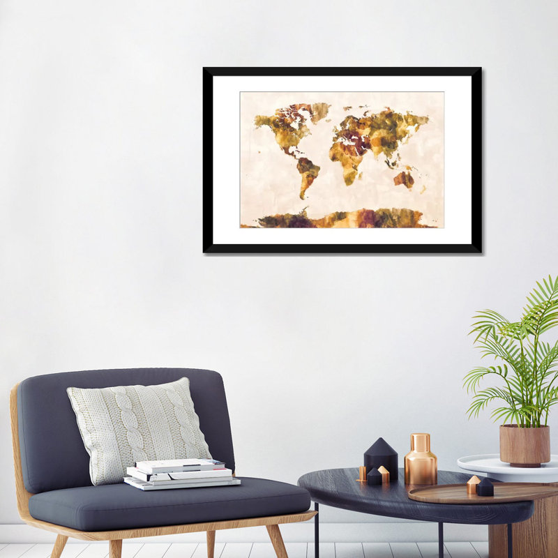 World Map Series: Foxed Retro, impression sur toile tendue, H 24 po x l 32 po x P 1 po, Papier d'art encadré noir, Blanc