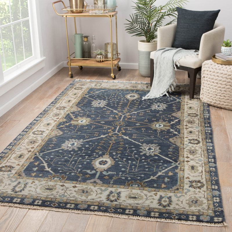 Tapis oriental bleu foncé en laine noué à la main Mccombs, Rectangle 5 pi x 8 pi