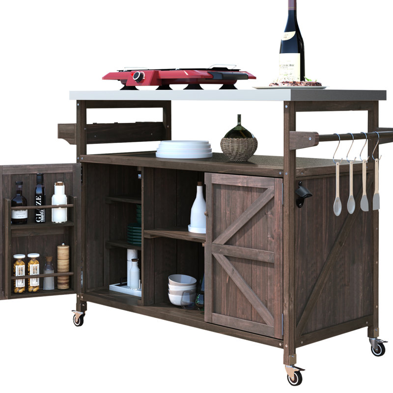 Luxury Outdoor Kitchen Table With 4*360 Smooth Lockable Wheels & Spice Rack Bar 4 S-Hook Hangers, Dark Brown