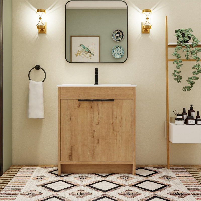 Meuble-lavabo simple autoportant 30 po avec comptoir en céramique Barrero, Blanc, Imitation chêne