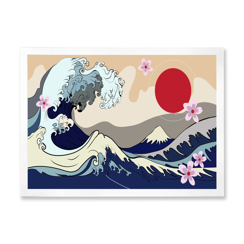 Traditionnel japonais, lune rouge et vagues - reproduction d'art sur toile traditionnelle, H 16 po x l 32 po