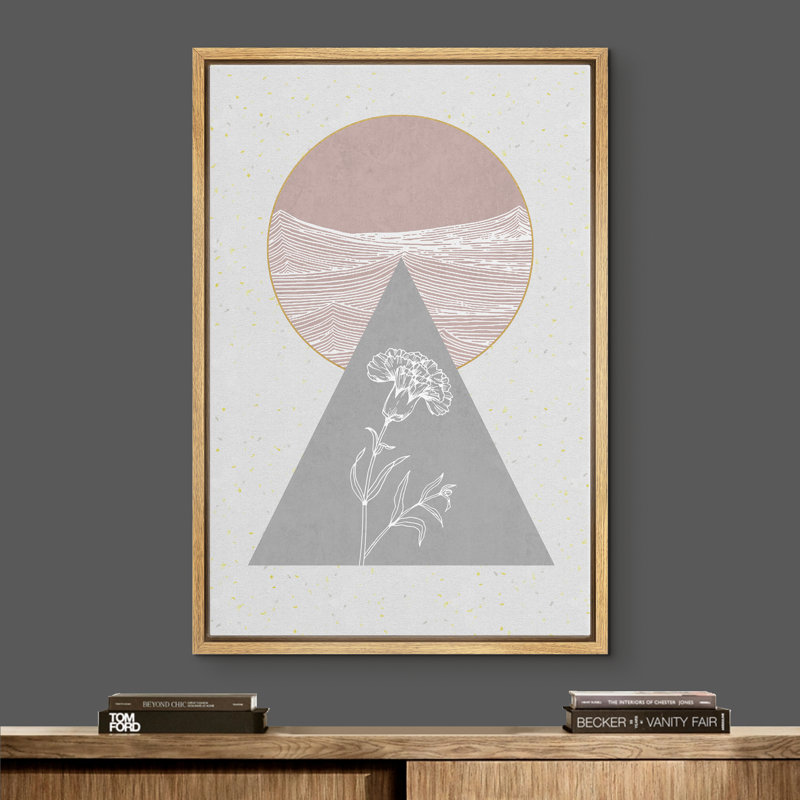 «Signature», reproduction d'art sur toile encadrée, duo rose et gris à motif de fleurs avec silhouette de plantes abstraites, art moderne moderne Mid-Century pour le salon, la chambre à coucher, le bureau