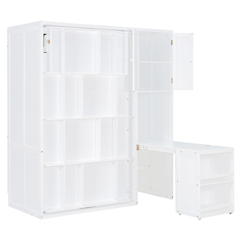 Lit escamotable mural simple avec bibliothèque, tablette supérieure, bureau extensible et rangement latéral, blanc, White