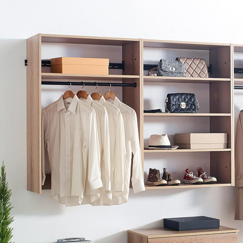  31.5 to 94.5in W Oak Modular Wall Mount Closet with Double Rods and 6 Shelves