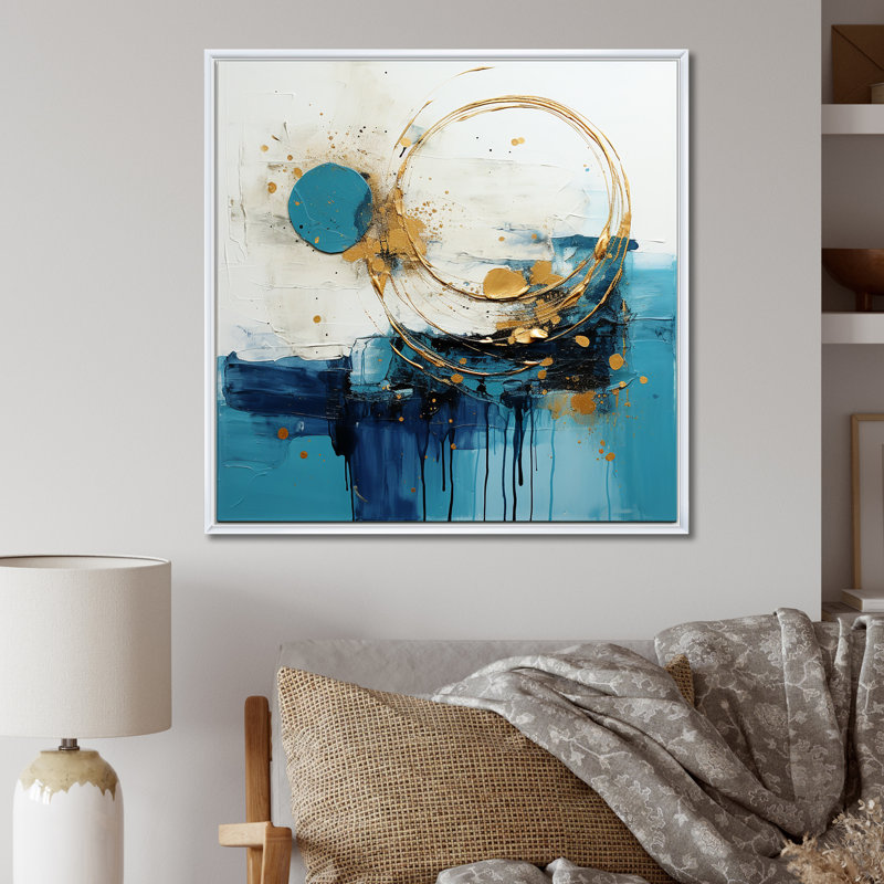Céleste délice abstrait en turquoise et or I - reproduction d'art sur toile, H 30 po x l 30 po, Cadre flottant doré