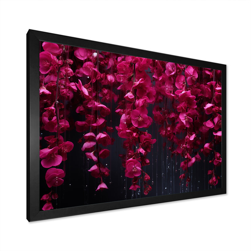 Rose et noir, cascade de fleurs fuschia - art mural sur toile Fuschia, Cadre d'angle fermé noir, H 12 po x l 20 po x P 1 po